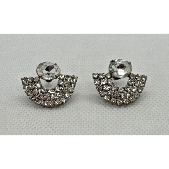 Vintage Rhinestone Silver Tone Semi Circle Stud Dangle Pierced‎ Earrings Retro - Picture 2 of 7